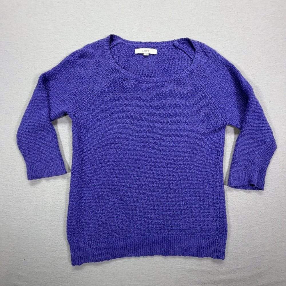 Loft Sweater Women Medium Purple Textured Cotton 3/4 Raglan Sleeve Scoop Neck